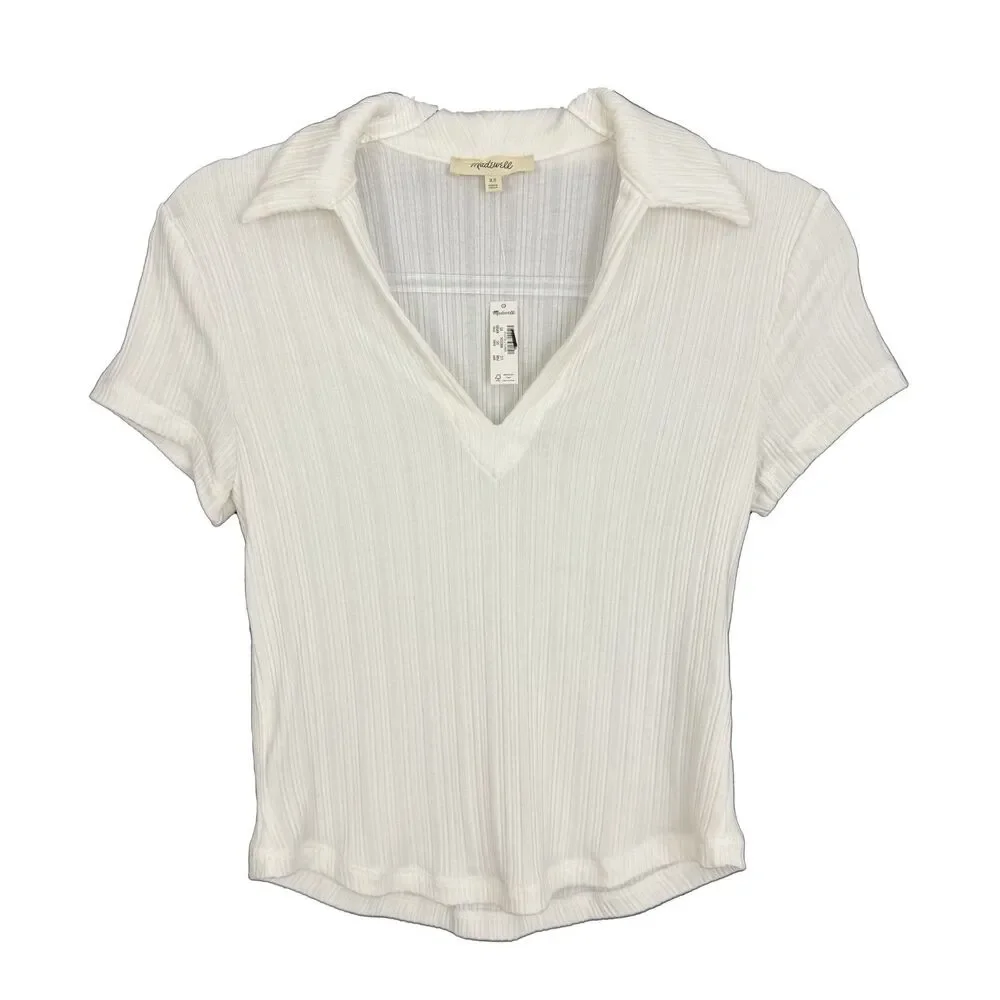 MADEWELL Ribbed V-Neck Polo Top XL Lighthouse White Slim Fit Short Sleeve B51 - Picture 2 of 5